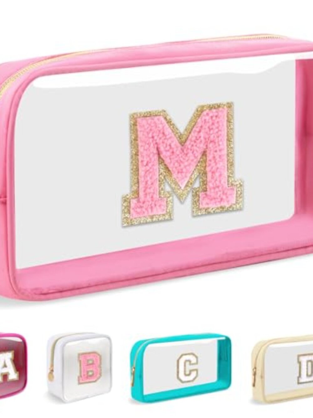Small Nylon PVC Clear Cosmetic Bag Chenille Letter Patch Zipper Makeup Pouch